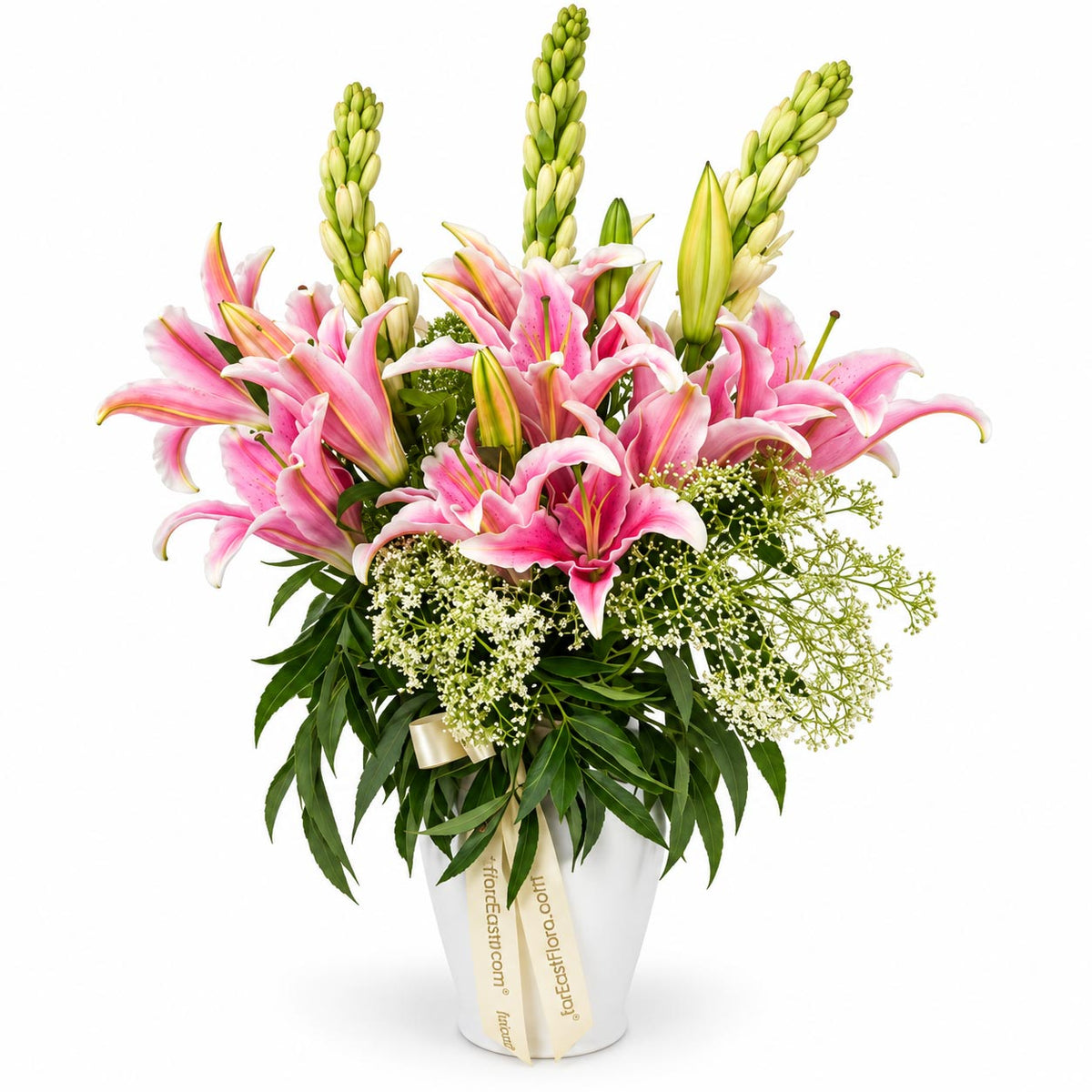 Pink Lily Serenity table flower arrangement with dark pink lilies, white tuberose and white ammi in a pearl white ceramic vase