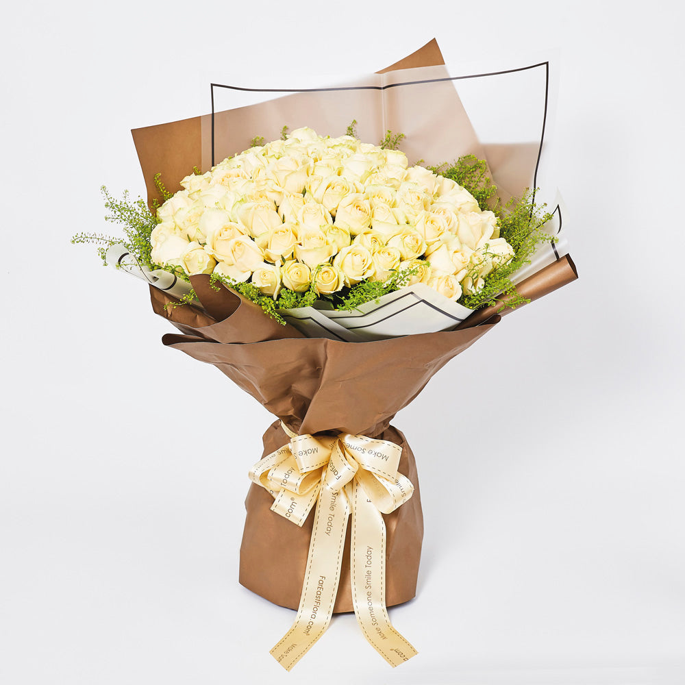 Giant White 99 Roses Flower Bouquet with brown wrapper