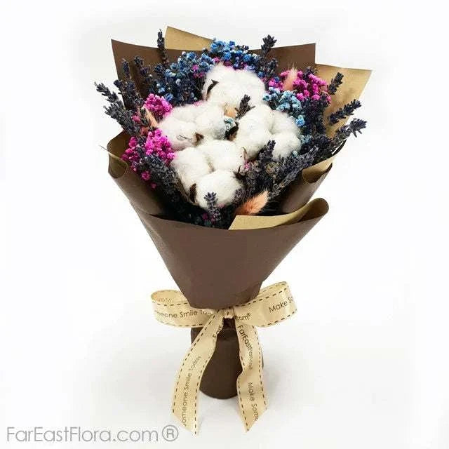 Everlasting Love Petite Flower Bouquet with white cotton flowers and vibrant pink, blue, and purple dried blooms