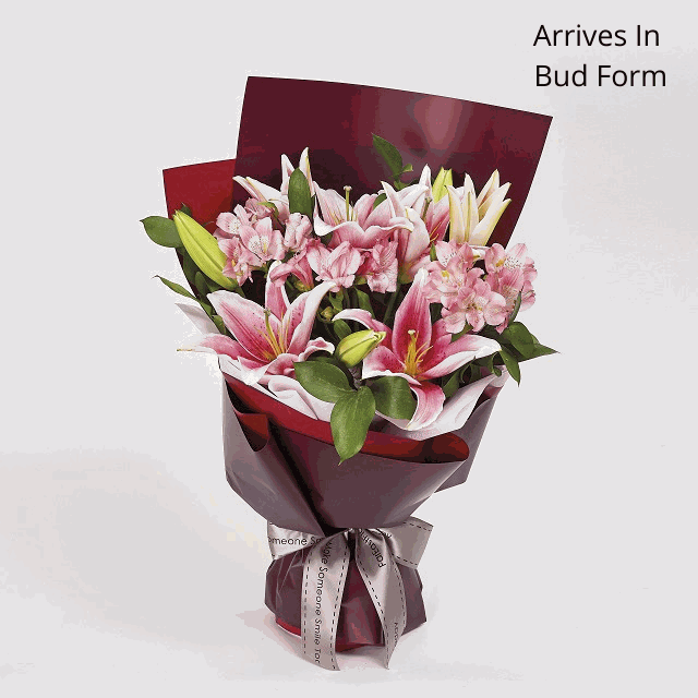 Lilies in Bloom bouquet with pink lilies, pale pink alstroemerias and green foliage, wrapped in burgundy paper