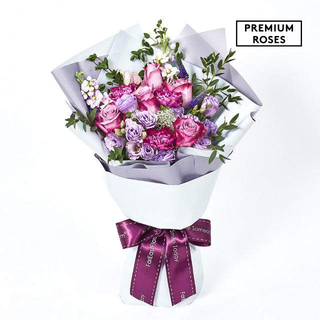 Passionate Embrace - Premium Flower Bouquet with purple roses, pink carnations, and delicate lilac blooms