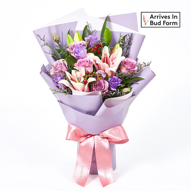Forever Thankful Lily Flower Bouquet with roses, lilies, and purple wrapping