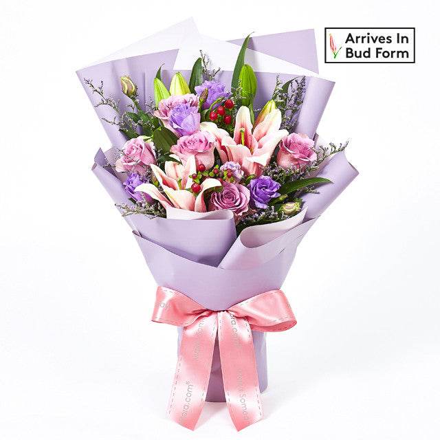 Forever Thankful Lily Flower Bouquet with roses, lilies, and purple wrapping